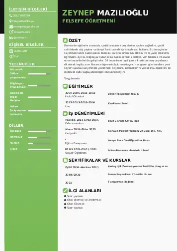 Felsefe Öğretmeni CV Örnekleri cv indir